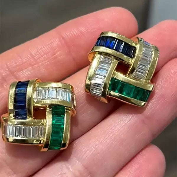 Art Deco 12ctw Baguette Cut Emerald Sapphire Stud Earrings