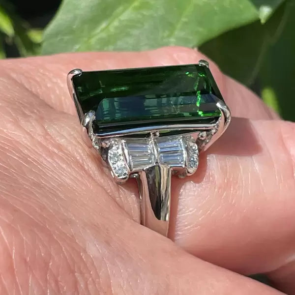 Art Deco 12.18ctw Emerald Cut Green Tourmaline Cocktail Ring