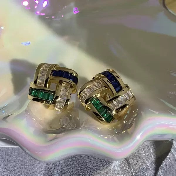 Art Deco 12ctw Baguette Cut Emerald Sapphire Stud Earrings