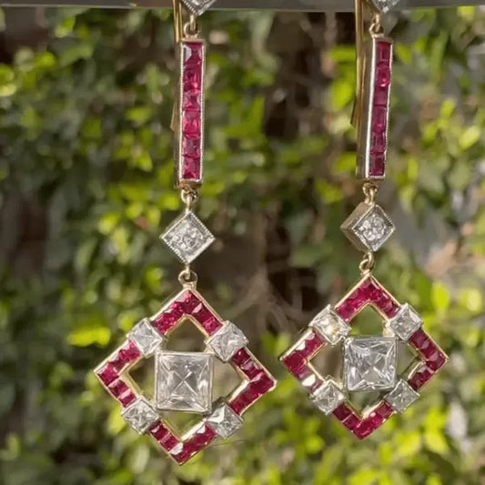 3.6ctw Princess Cut Ruby Long Drop Earrings