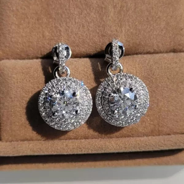 8ctw Round Cut White Sapphire Halo Dangle Drop Earrings