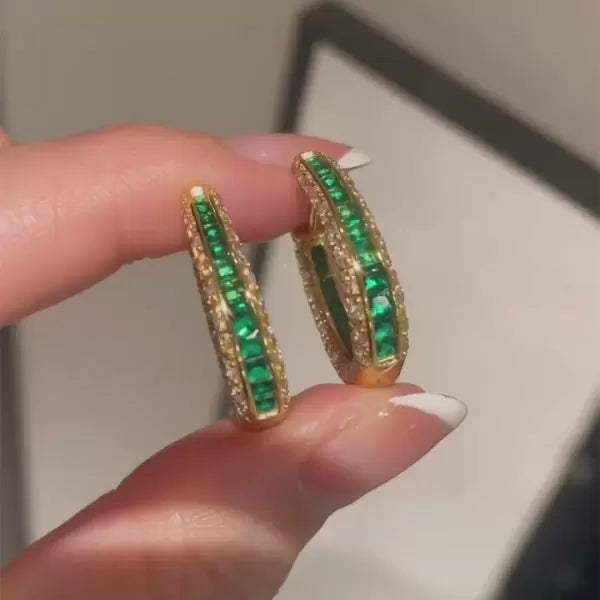 Vintage 8ctw Asscher Cut Emerald Hoop Earrings