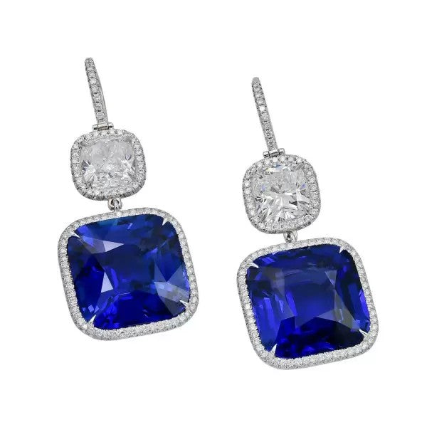 33ctw Cushion Cut Sapphire Pave Halo Drop Earrings