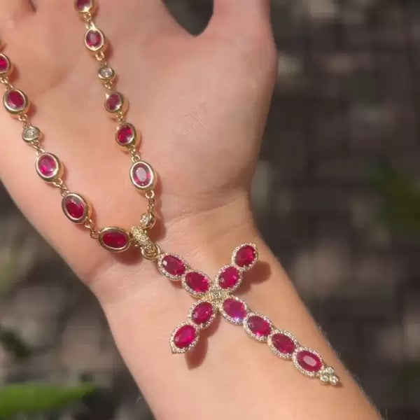 21ctw Oval Cut Ruby Vintage Cross Pendant Necklace