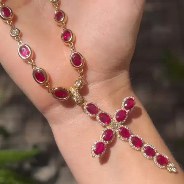 21ctw Oval Cut Ruby Vintage Cross Pendant Necklace