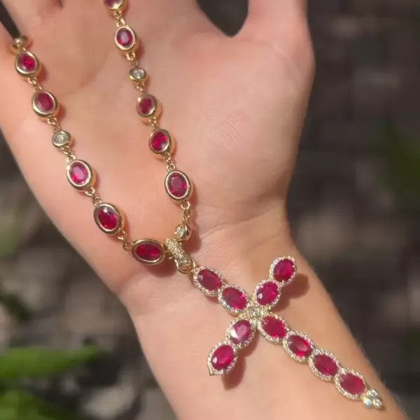 21ctw Oval Cut Ruby Vintage Cross Pendant Necklace