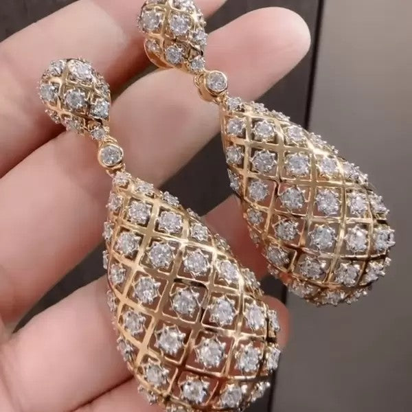 6ctw Round Cut White Sapphire Sparkling Gold Net Diamond Teardrop Earrings