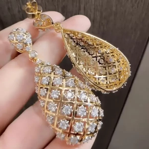 6ctw Round Cut White Sapphire Sparkling Gold Net Diamond Teardrop Earrings