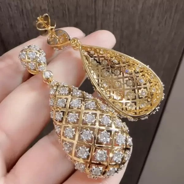 6ctw Round Cut White Sapphire Sparkling Gold Net Diamond Teardrop Earrings