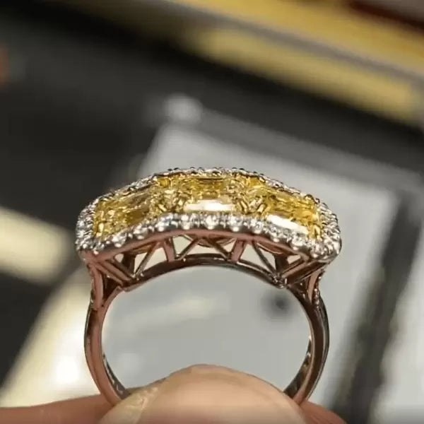 6.11ct Asscher Cut Three-stone Yellow Sapphire Engagement Ring