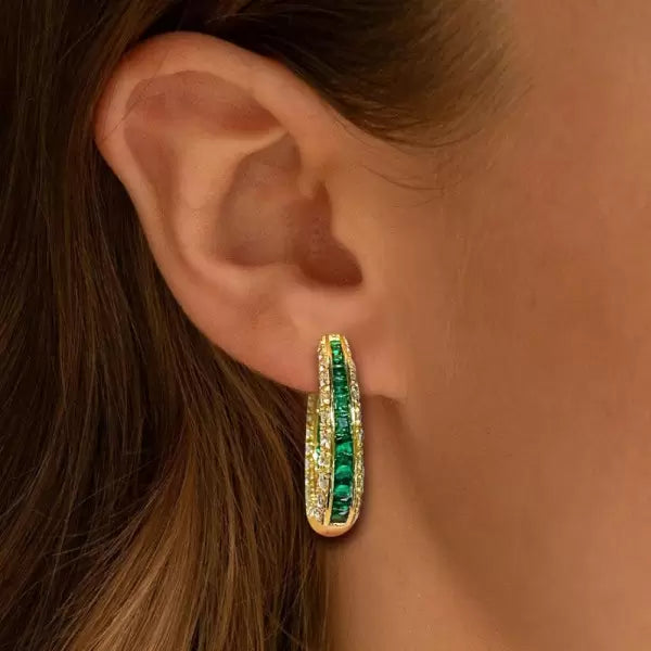 Vintage 8ctw Asscher Cut Emerald Hoop Earrings