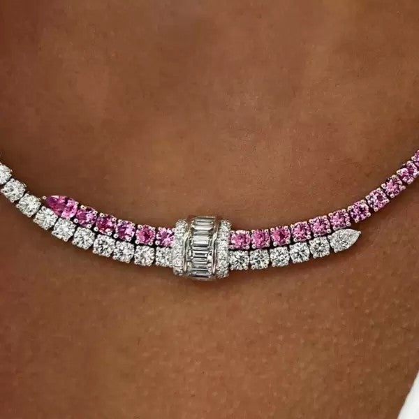 10.8ctw Round Cut Pink Sapphire Statement Necklace