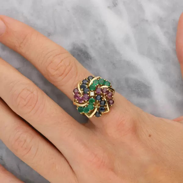 3.2ctw Round Cut Ruby Emerald Sapphire Cocktail Ring
