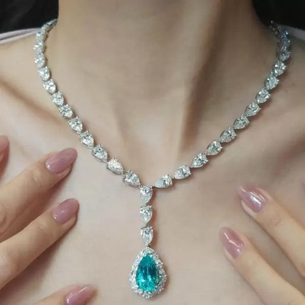 36ctw Pear Cut Paraiba Tourmaline Teardrop Statement Necklace