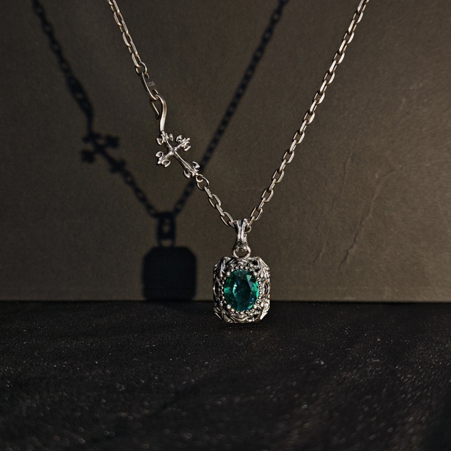 Vintage Oxidized Natural Gemstone Pendant Necklace | Luxury Trendy Unisex Hip-Hop Style with Sterling Silver Chain（YS-20250926-3）