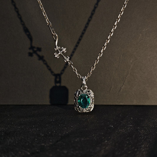 Vintage Oxidized Natural Gemstone Pendant Necklace | Luxury Trendy Unisex Hip-Hop Style with Sterling Silver Chain（YS-20250926-3）