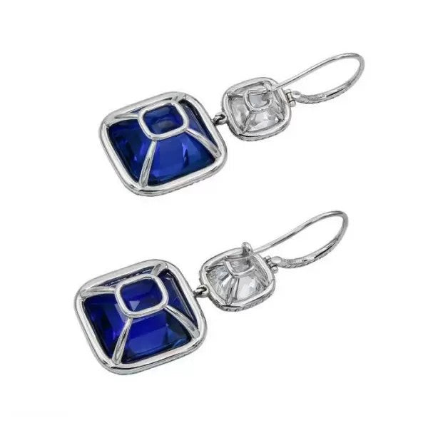 33ctw Cushion Cut Sapphire Pave Halo Drop Earrings