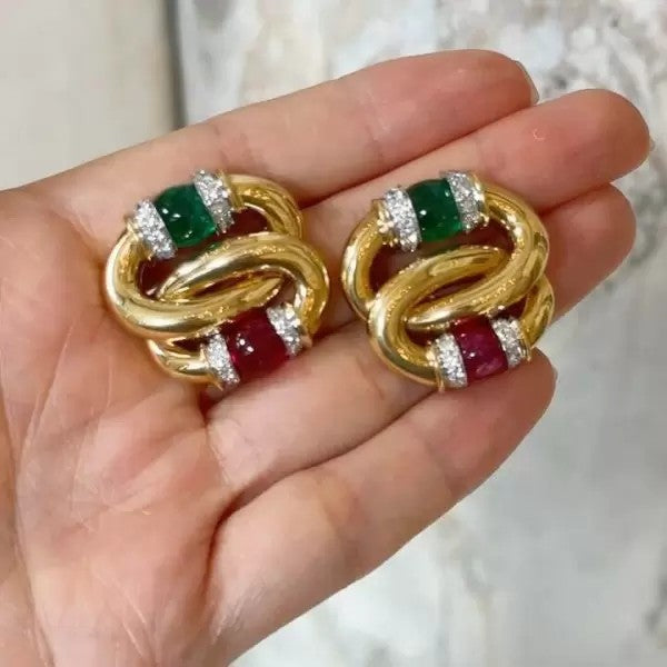 14.2ctw Cabochon Cut Ruby & Emerald Link Clip Earrings