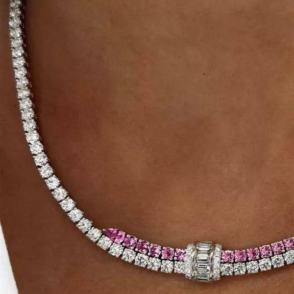 10.8ctw Round Cut Pink Sapphire Statement Necklace