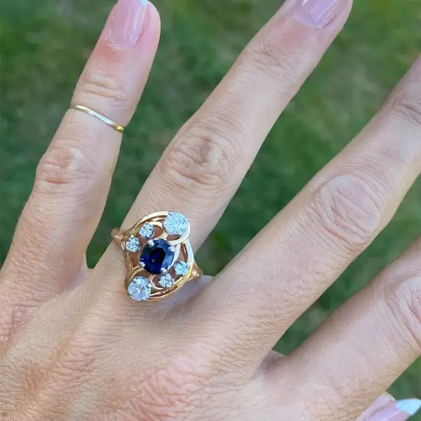 Vintage Estate 3ctw Oval Cut Sapphire Freeform Ring