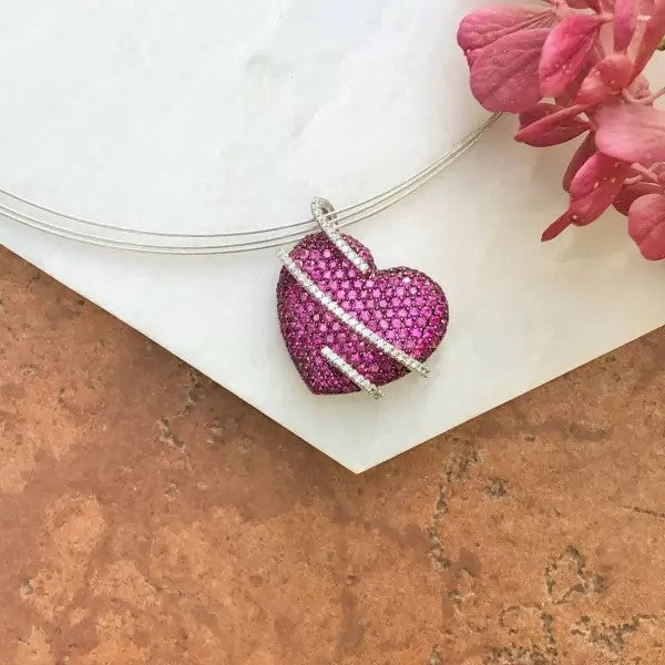7.5ctw Round Cut Pink Sapphire Pave Heart Pendant Necklace