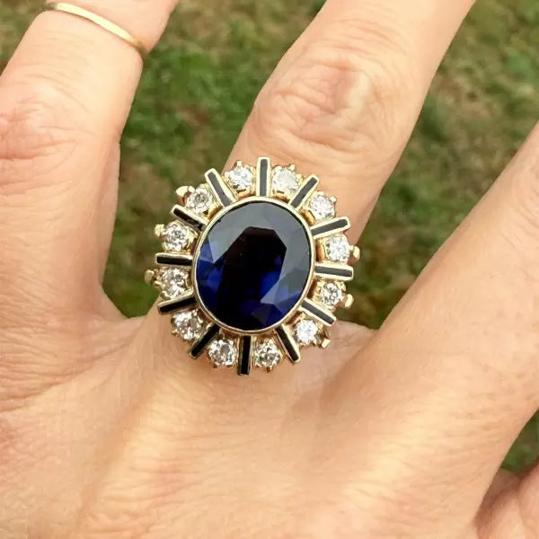 Vintage 9.72ctw Oval Cut Sapphire Black Enamel Halo Cluster Ring