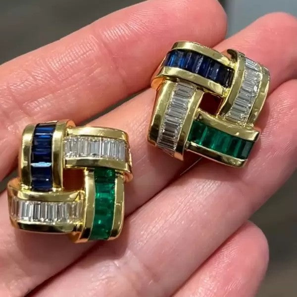 Art Deco 12ctw Baguette Cut Emerald Sapphire Stud Earrings