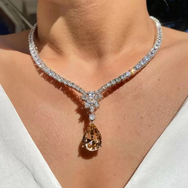 26ctw Pear Cut Champagne Sapphire Pendant Necklace