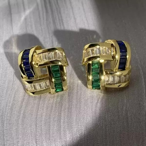 Art Deco 12ctw Baguette Cut Emerald Sapphire Stud Earrings