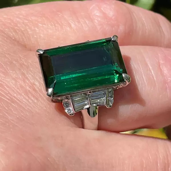 Art Deco 12.18ctw Emerald Cut Green Tourmaline Cocktail Ring