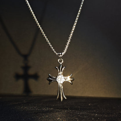 Vintage Oxidized Cross Necklace with Sword, Fleur-de-Lis & Scout Emblem Pendants | Unisex Classic Style, 65cm Chain（GS-20250912-3）