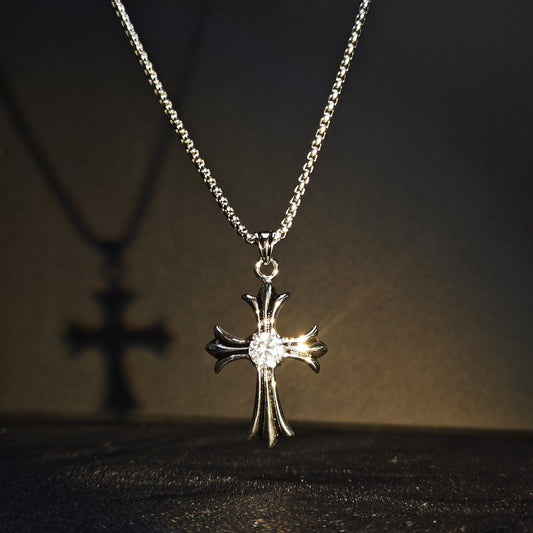 Vintage Oxidized Cross Necklace with Sword, Fleur-de-Lis & Scout Emblem Pendants | Unisex Classic Style, 65cm Chain（GS-20250912-3）