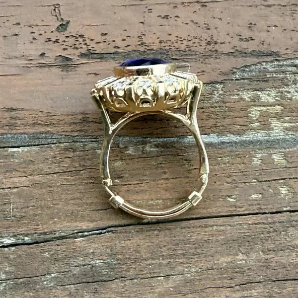 Vintage 9.72ctw Oval Cut Sapphire Black Enamel Halo Cluster Ring