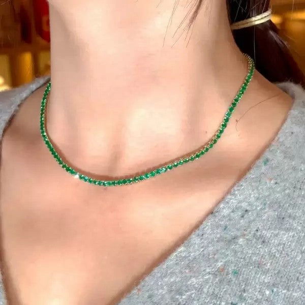 12.5ct Round Cut Emerald Tennis Statement Necklace