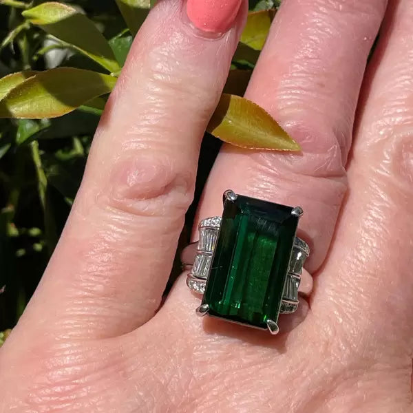 Art Deco 12.18ctw Emerald Cut Green Tourmaline Cocktail Ring