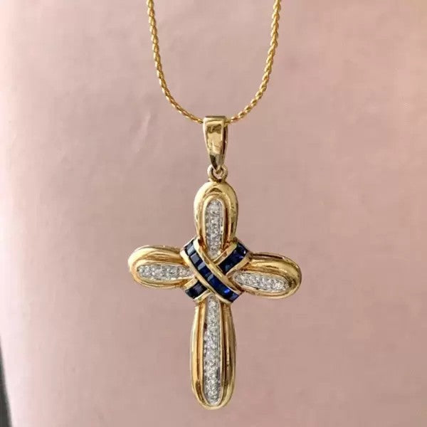 Vintage 4ctw Round Cut White Sapphire Cross Pendant Necklace