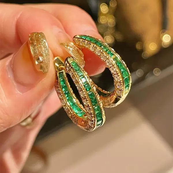 Vintage 8ctw Asscher Cut Emerald Hoop Earrings