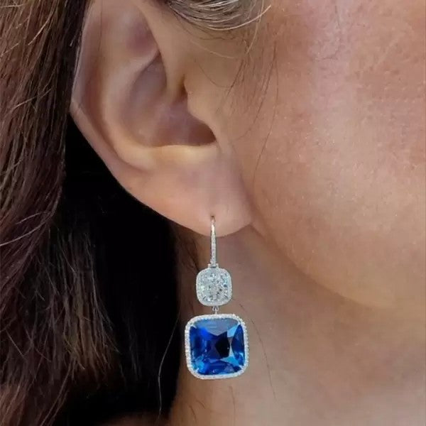 33ctw Cushion Cut Sapphire Pave Halo Drop Earrings