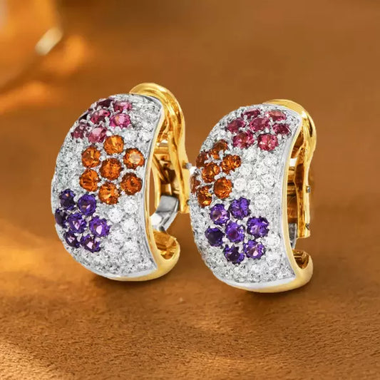 5.3ctw Round Cut Multi-Gemstone Omega Clip Gold Dome Earrings