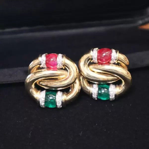 14.2ctw Cabochon Cut Ruby & Emerald Link Clip Earrings