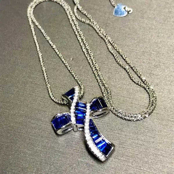 5.5ctw Baguette Cut Sapphire Cross Pendant Necklace
