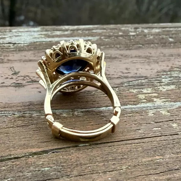 Vintage 9.72ctw Oval Cut Sapphire Black Enamel Halo Cluster Ring