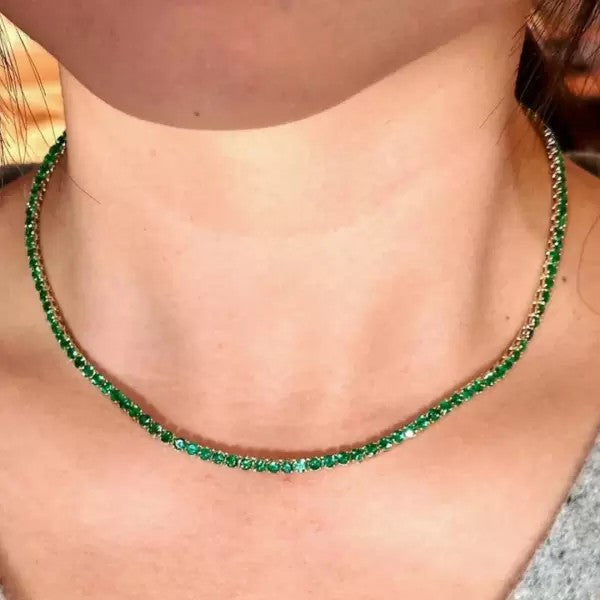 12.5ct Round Cut Emerald Tennis Statement Necklace