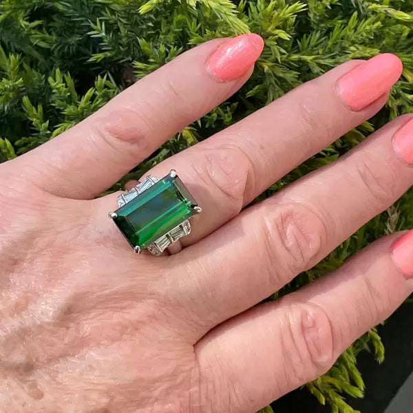 Art Deco 12.18ctw Emerald Cut Green Tourmaline Cocktail Ring