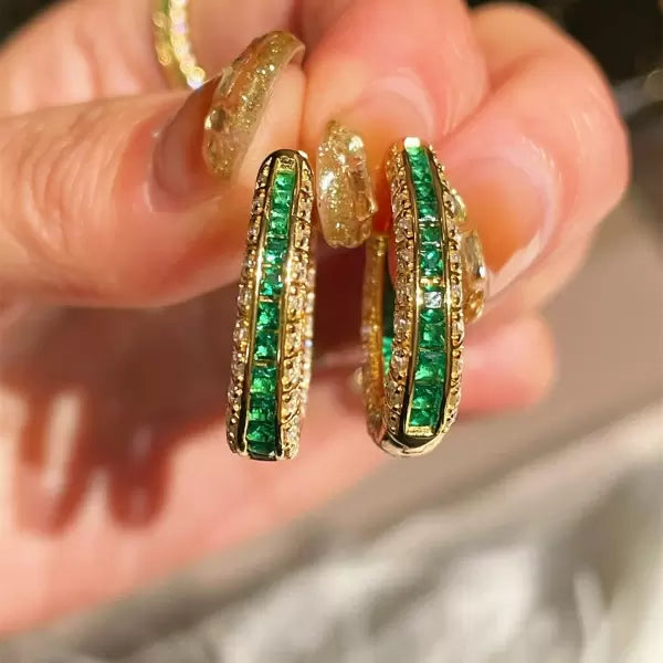 Vintage 8ctw Asscher Cut Emerald Hoop Earrings