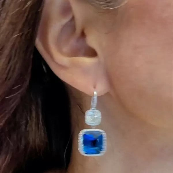 33ctw Cushion Cut Sapphire Pave Halo Drop Earrings