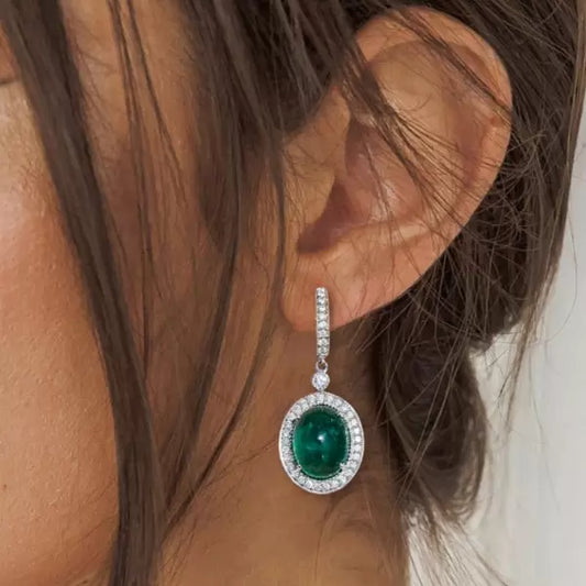 12ctw Cabochon Cut Emerald Halo Drop Earrings