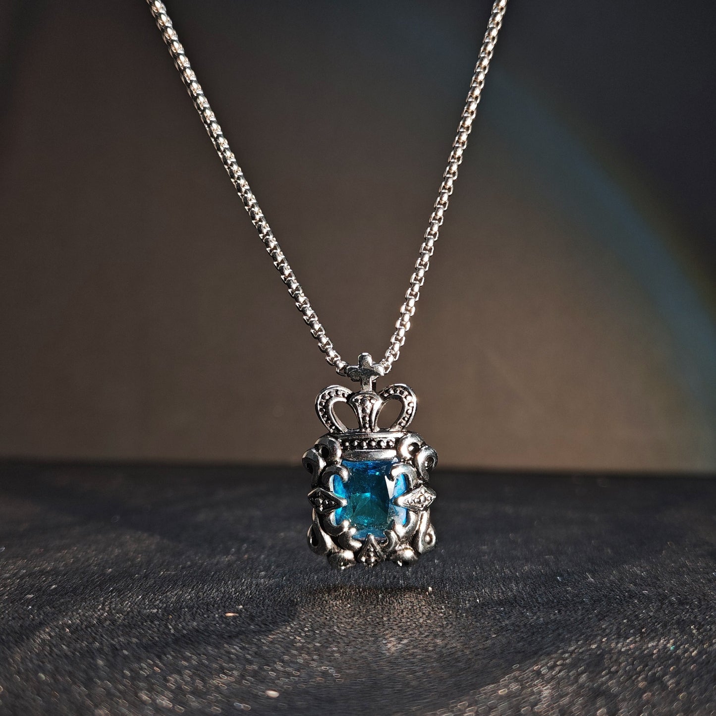 Vintage Crown Sapphire 316 Stainless Steel Pendant Necklace | Unisex Punk Fashion, 65cm Chain（GS-20250912-5）