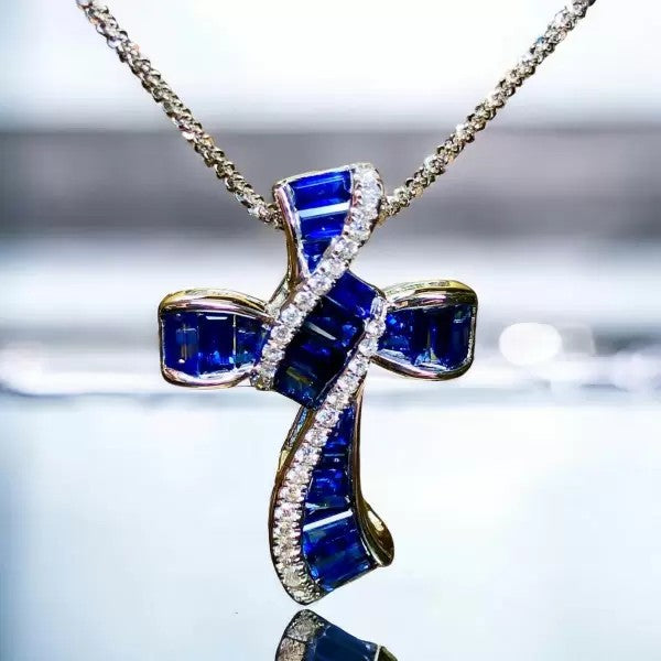 5.5ctw Baguette Cut Sapphire Cross Pendant Necklace