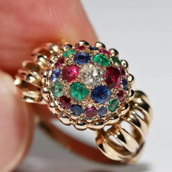 Vintage 3.3ctw Round Cut Ruby Sapphire Emerald Ring